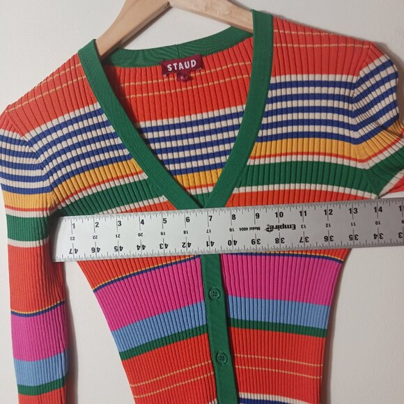STAUD Cargo Cardigan, Ribbed Multi Color Stripes Stretch Knit, Size Small Fitted - Picture 7 of 15